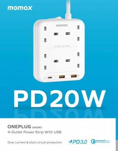 MOMAX ONEPLUG PD20W 2A1C 4位拖板(電源線長：2米) US3 