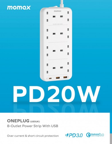 MOMAX ONEPLUG PD20W 2A1C 8位拖板(電源線長：2米) US5 